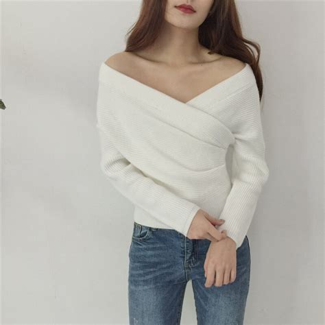 Autumn And Winter Basic Women Sweater Off Shoulder White Slash Solid
