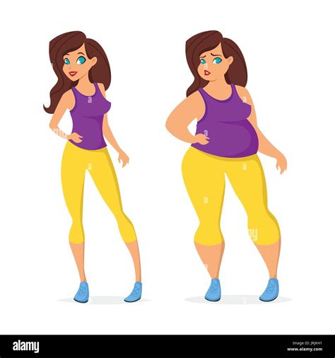 Vector Cartoon Style Illustration Of Fat And Slim Woman In Sport Wear Before And After Weight