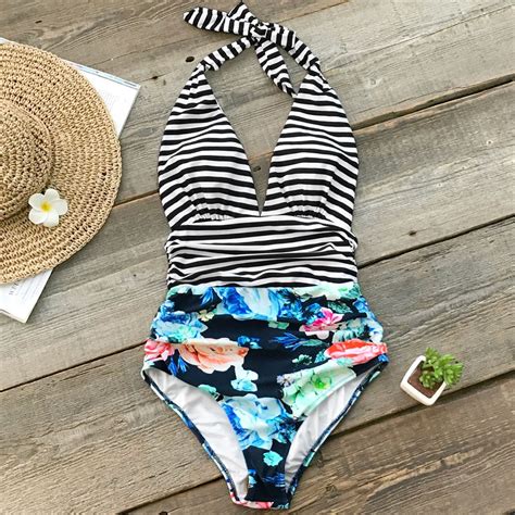 Black Stripe And Floral One Piece Swimsuit Backless One Piece