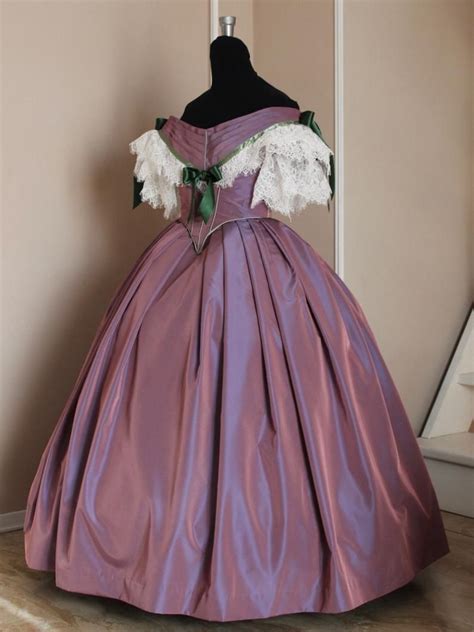 Victorian Prom Dress Victorian Ball Gown Mauve Taffeta White Lace And Green Ribbons With
