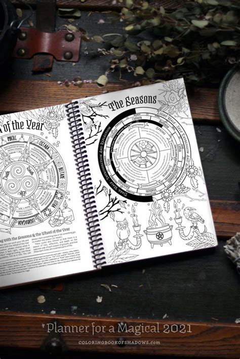 The hand tooled cover has a wrap around design that overflows with ancient celtic symbolism. Planner for a Magical 2021 - Coloring Book of Shadows