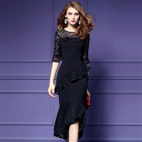 Women Dress O Neck Half Sleeve Patchwork Black Lace Dress Elegant Evening Party Dresses