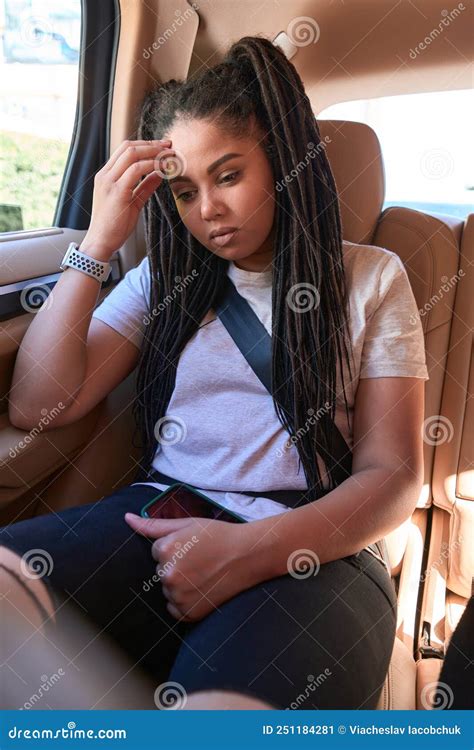 Sad Young Female Passenger Is Riding In Car Stock Image Image Of Modern Backseat 251184281