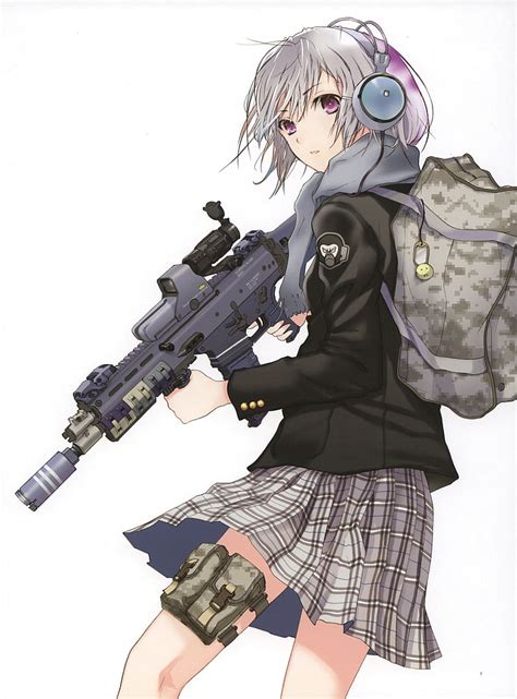 アニメ アニメの女の子 銃 ヘッドフォン オリジナルキャラクター 冬野春秋 銃を持つ女の子 HDデスクトップの壁紙