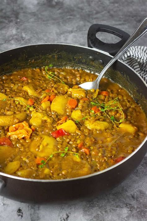 Stir in the lentils, carrot, potato, tomato paste, water, vegetable broth, and coconut milk. Straight on Creamy Jamaican coconut lentil curry, green ...