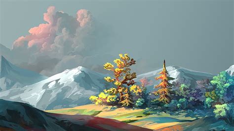 Hd Wallpaper Nature Painting Mountain Landscape Painting Digital