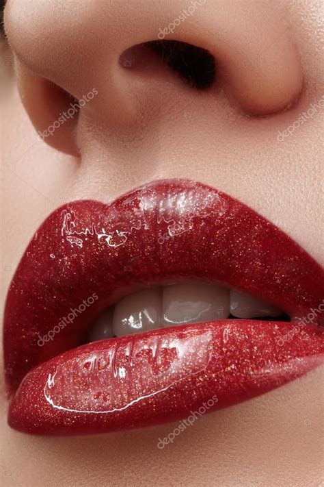 Close Up Of Female Lips With Bright Makeup Macro Of Womans Face