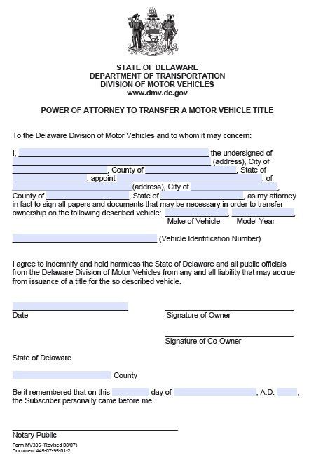 Free Motor Vehicle Transfer Power Of Attorney Delaware Pdf