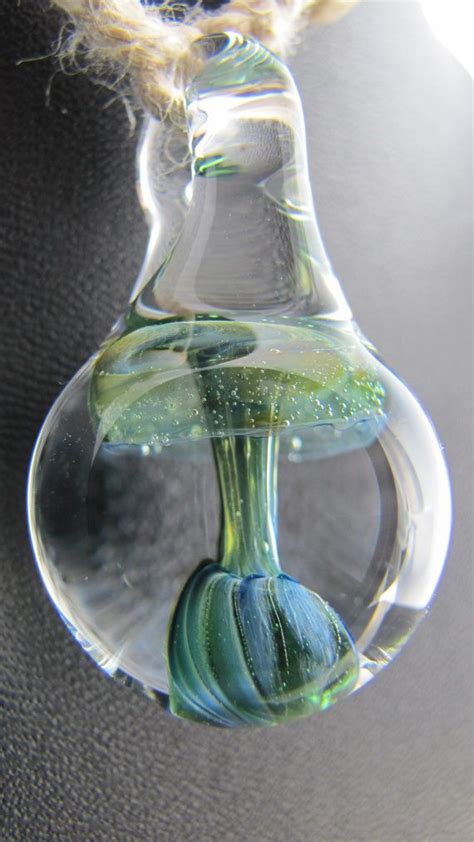 Blown Glass Green And Blue Mushroom Tear Drop Pendant Hemp Etsy Glass Blowing Glass