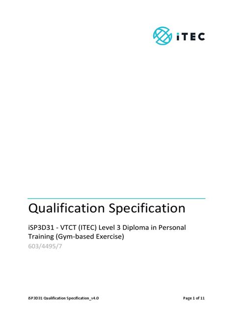 Qualification Specification Isp3d31 Vtct Itec Level 3 Diploma In Personal Training Gym