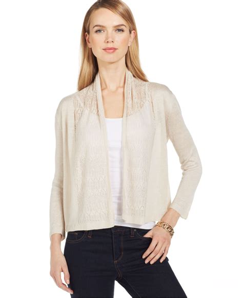 Lyst Jones New York Collection Pointelle Trim Open Cardigan In Natural
