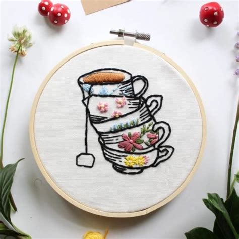 Stacked Teacup Embroidery Pdf Pattern Crewel Ghoul