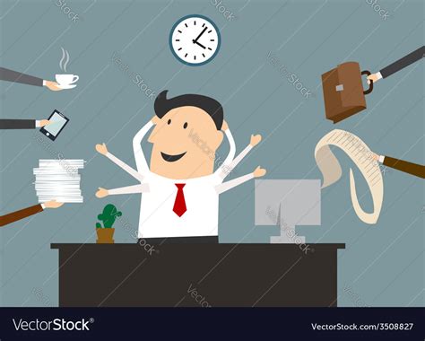 Cartoon Multitasking Businessman On Workplace Vector Image