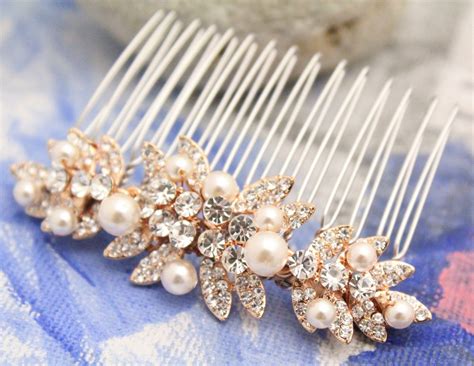 gold wedding hair comb and pearl drop bridal earrings rose etsy canada rose gold bridal