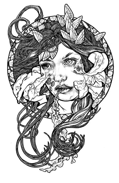 Black Ink Zombie Girl With Lily Cheeks Tattoo Design Tattooimagesbiz