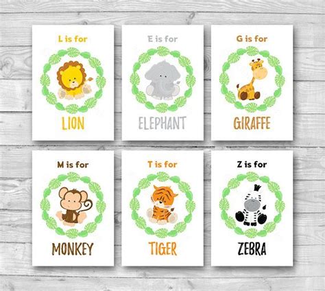 Set Of 6 Jungle Animal Nursery Prints Safari Nursery Wall Etsy Uk