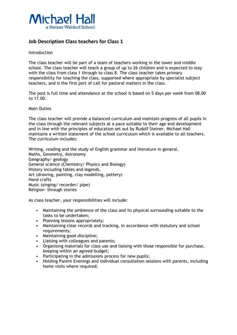 Class One Teacher Job Description