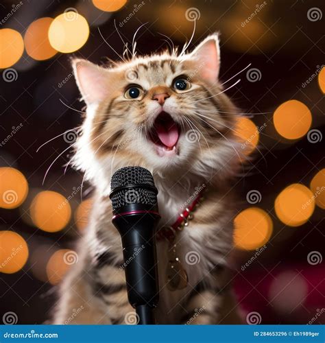 A Cute Cat That Is Singing A Song With A Microphone Stock Illustration Illustration Of