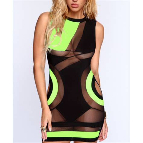 Sexy See Through Mesh Cut Out Color Blocking Clubwear Stretchy Bodycon