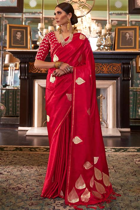 Buy Red Pure Satin Woven Silk Saree Online Like A Diva