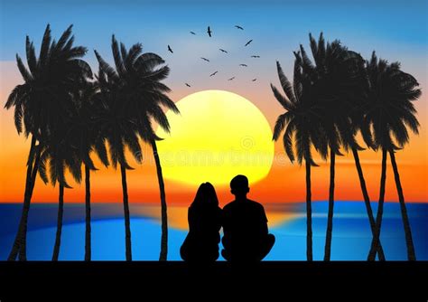 Graphics Image A Couple Man And Women Sitting Look At Sunset On The Beach Design Vector