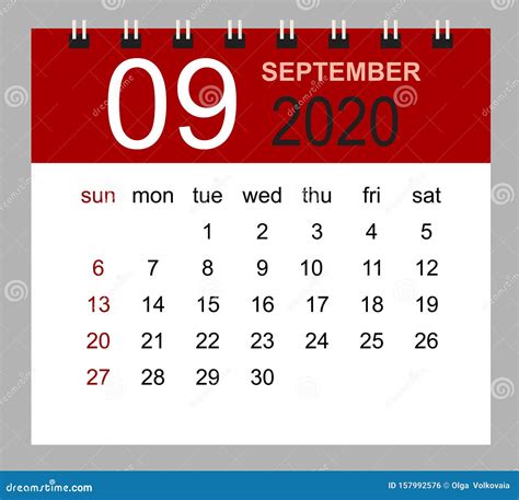 Calendario Semplice Per Settembre 2020 Illustrazione Vettoriale