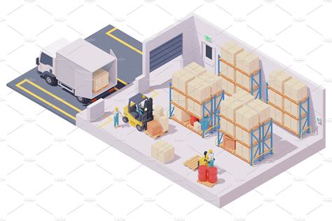 Vector Isometric Warehouse Interior Transportation Illustrations