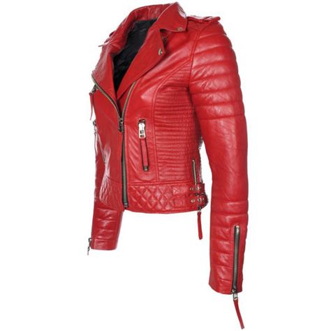 Handmade Womens Leather Biker Jacket Red Color Zipper Pockets And