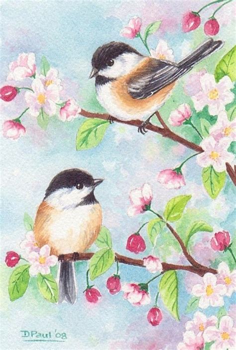 Original Watercolor Painting Bird Chickadee Cherry Blossom
