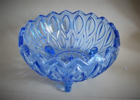 Art Deco Blue Glass Bowl Bagley Pressed Glass Blue Bowl Three Legged Tripod Base 1930 S