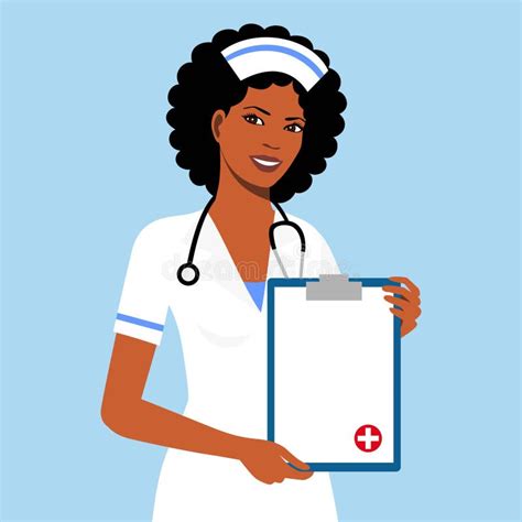 Beautiful Afro American Female Nurse Is Holding Clipboard And Showing