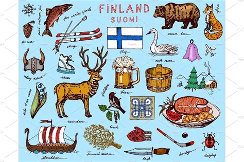 Symbols Of Finland In Vintage Finland Scandinavian Doodle Sketch