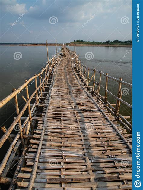 Old Traditional Bamboo Wooden Bridge Across Mekong River Stock Image