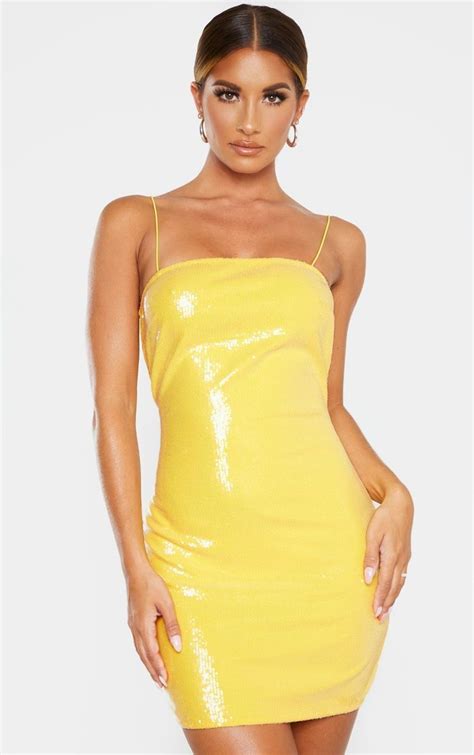 Yellow Strappy Sequin Straight Neck Bodycon Dress Bodycon Dress Neck Bodycon Dress Sparkle Dress