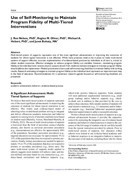 (PDF) Use of Self-Monitoring to Maintain Program Fidelity of Multi-Tiered Interventions | Regina ...