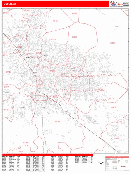 Tucson Arizona Zip Code Wall Map Red Line Style By Marketmaps
