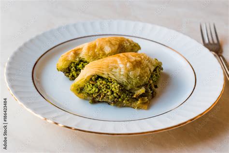 Turkish Dessert Sobiyet Baklava With Pistachio Fistikli Baklava Stock