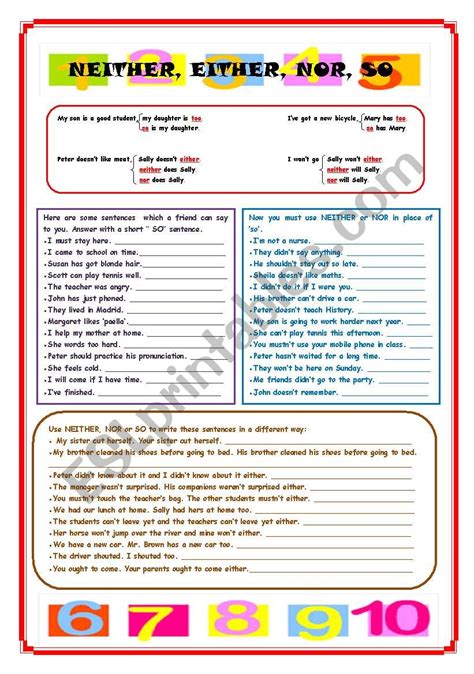 Neither Either Nor So ESL Worksheet By Setxump