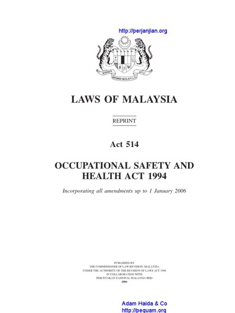 Pdf contractors compliance on occupational safety and health osh policies in malaysia s construction industry. Act 514 Occupational Safety and Health Act 1994 ...