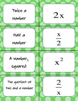 Compare an algebraic solution to an arithmetic solution, identifying the sequence of the operations used in each. Translating Algebraic Expressions Card Matching Activity ...