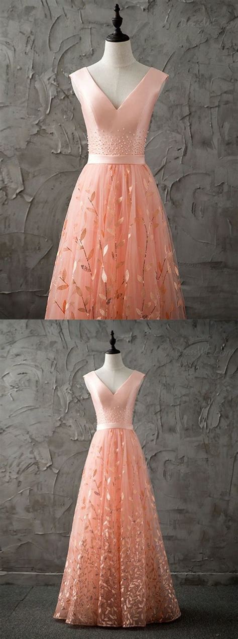 Elegant Peach Wedding Party Dresses Special V Neck Bridesmaid Gowns