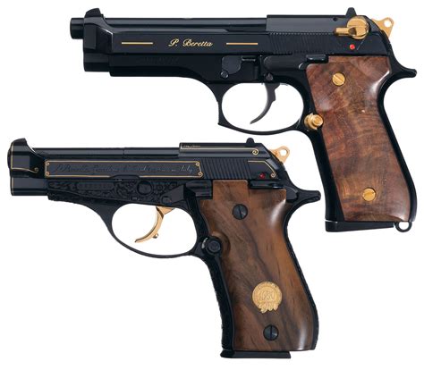 Two Gold Highlighted Beretta Semi Automatic Pistols With Cases