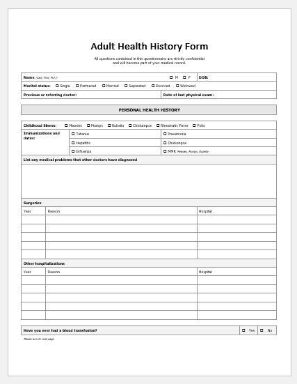 Adult Health History Form Template Printable Medical Forms Letters