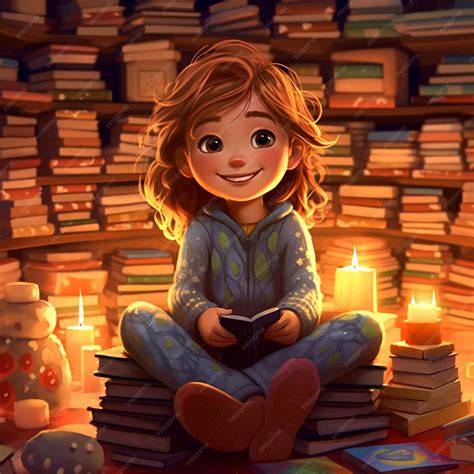 Premium Ai Image Cartoon Girl Sitting On A Pile Of Books In A Library Generative Ai