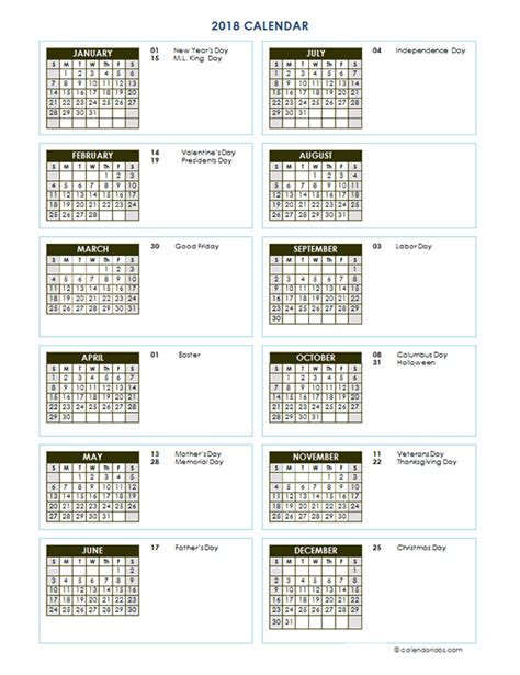 2018 Full Year Calendar Vertical Template Free Printable Templates