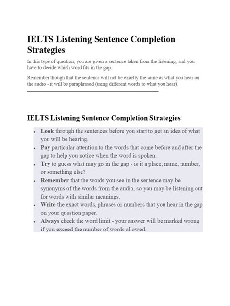 Ielts Listening Sentence Completion Strategies Pdf