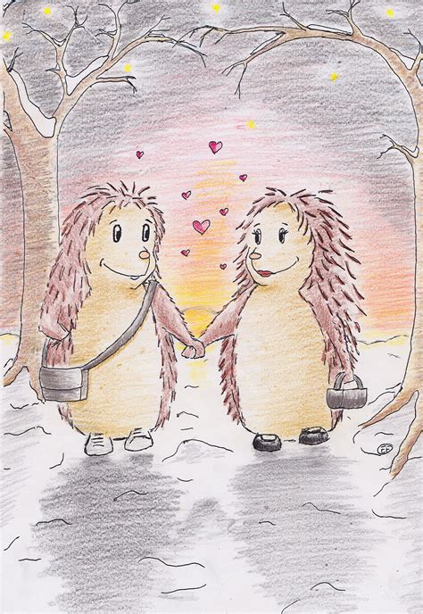 Porcupines In Luv Pencil Drawing Colored With Crayons Drawings