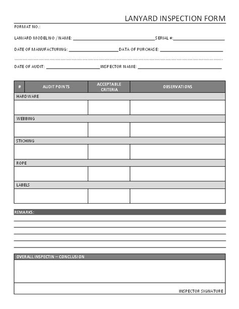 Hse guidelines recommend an inspection by a professional service every 6 months but ppe regulations require a minimum of 12 monthly inspections which should be recorded on the harness itself. Lanyard Inspection Form format | Samples | Word Document Download