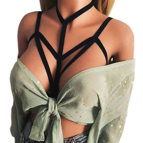 Women Hollow Out Elastic Cage Bra Bandage Strappy Halter Bra Bustier Tops Black Womens Clothing