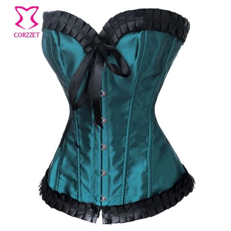 Elegant Dark Green Satin Tight Lacing Corset Sexy Bustier Tops Gothic Clothing Corselet Overbust